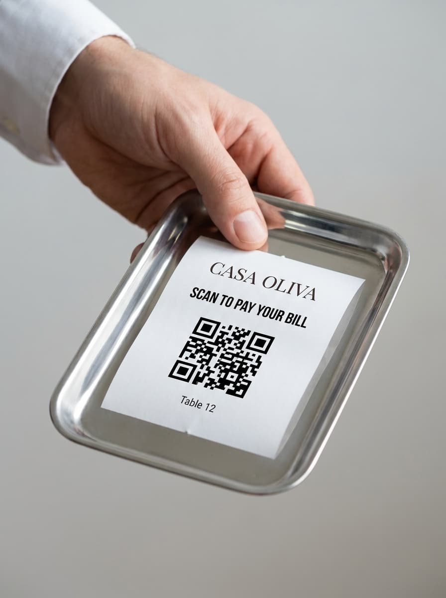 Printed Casa Oliva bill with the Mentiaq QR code, presented on a tray