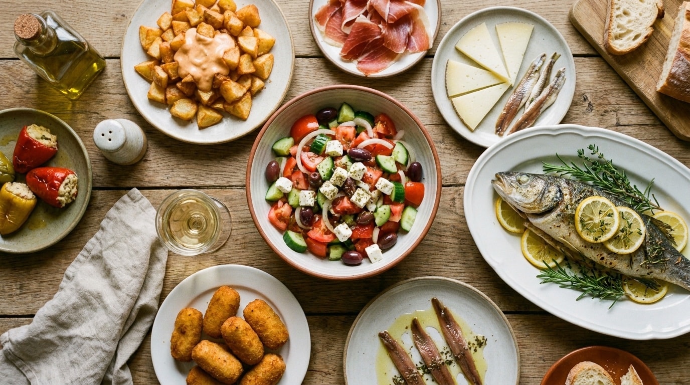 Overhead view of a table full of Spanish dishes to share
