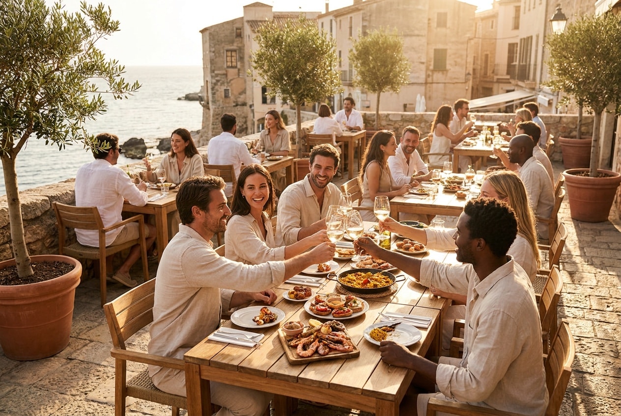 Bustling restaurant terrace full of guests chatting and enjoying the evening