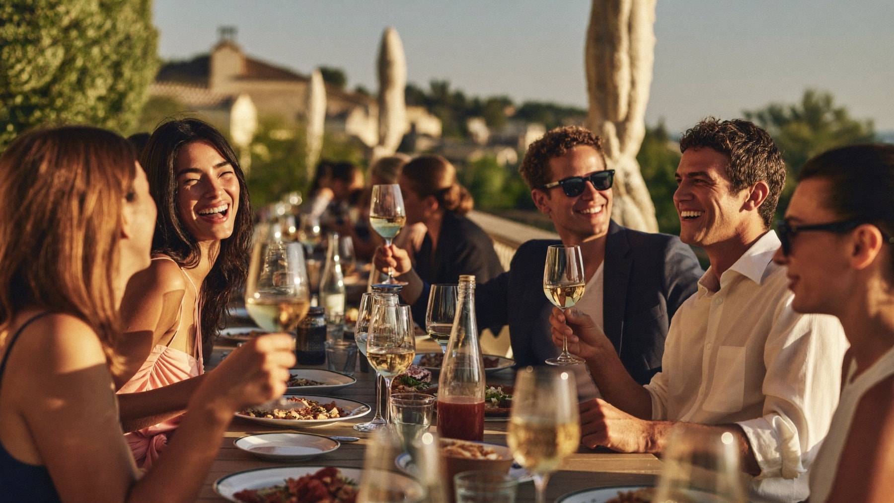 Friends laughing and toasting on a sunlit terrace